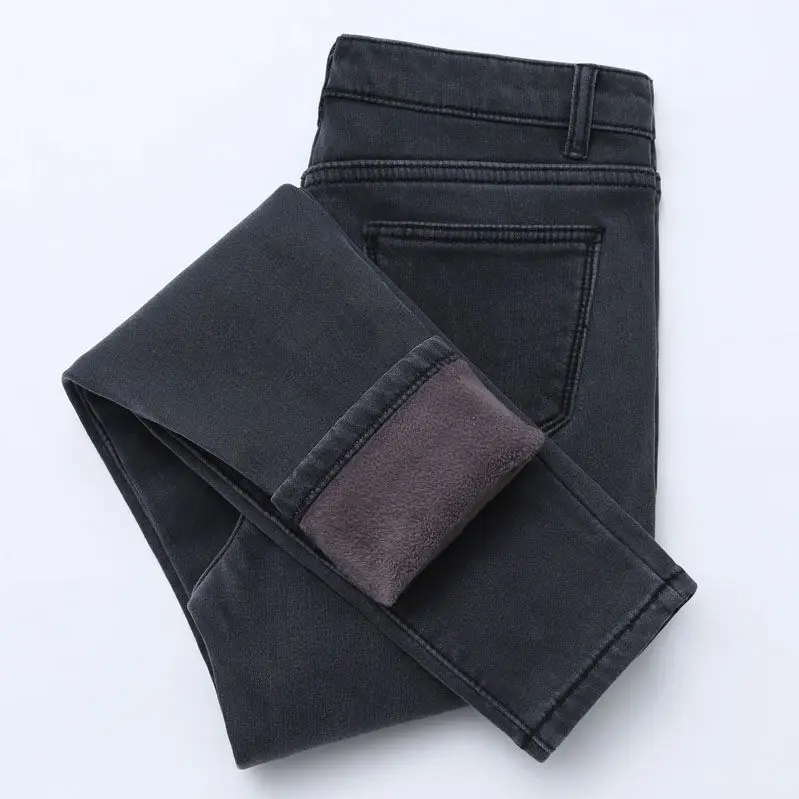 Autumn Winter High Waist Denim Pencil Pants Women Fleece Lined Thickened Stretchy Skinny Fit Quick Dry Outer Wear Warm