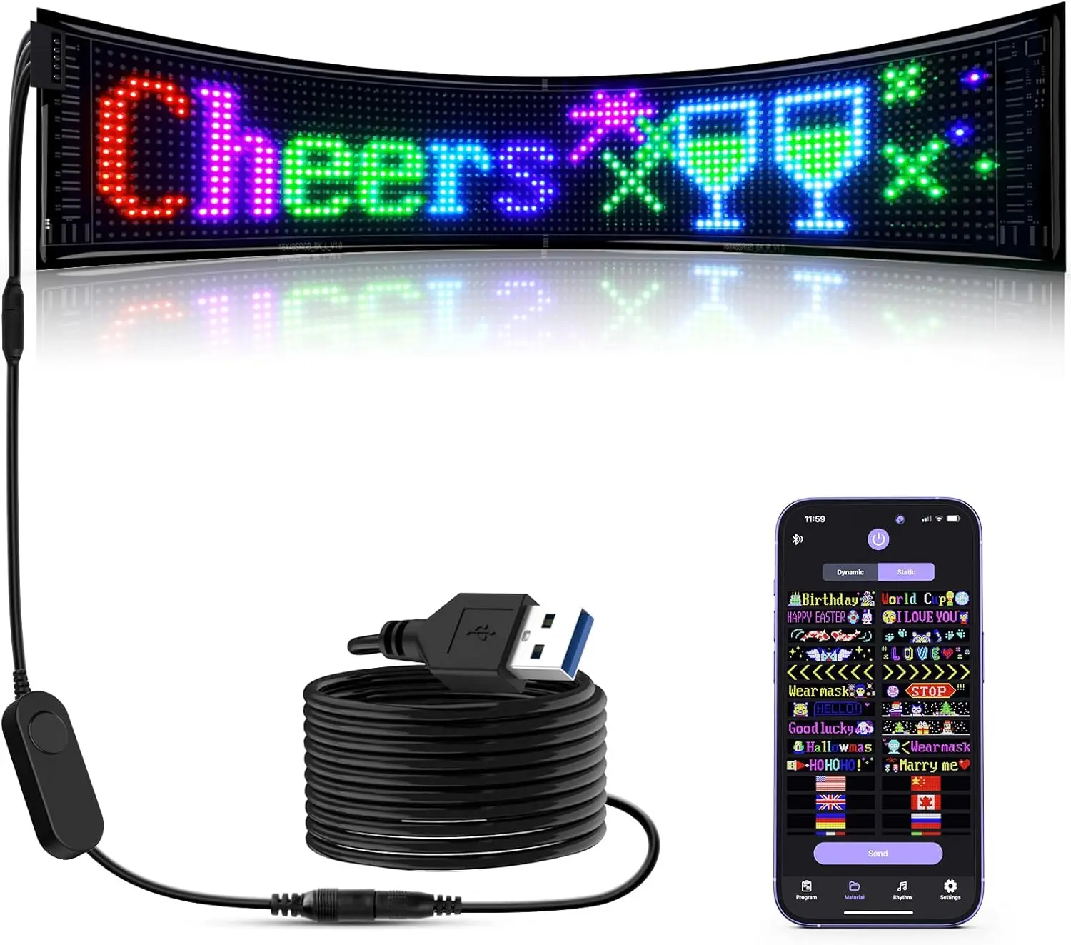 Programmable LED Sign Flexible USB 5V Bluetooth APP Control Custom Text Pattern Scrolling LED Display for Car Store Party