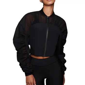 2023 sexy stack long sleeve crop womens yoga mesh motorcycle jacket with pockets
