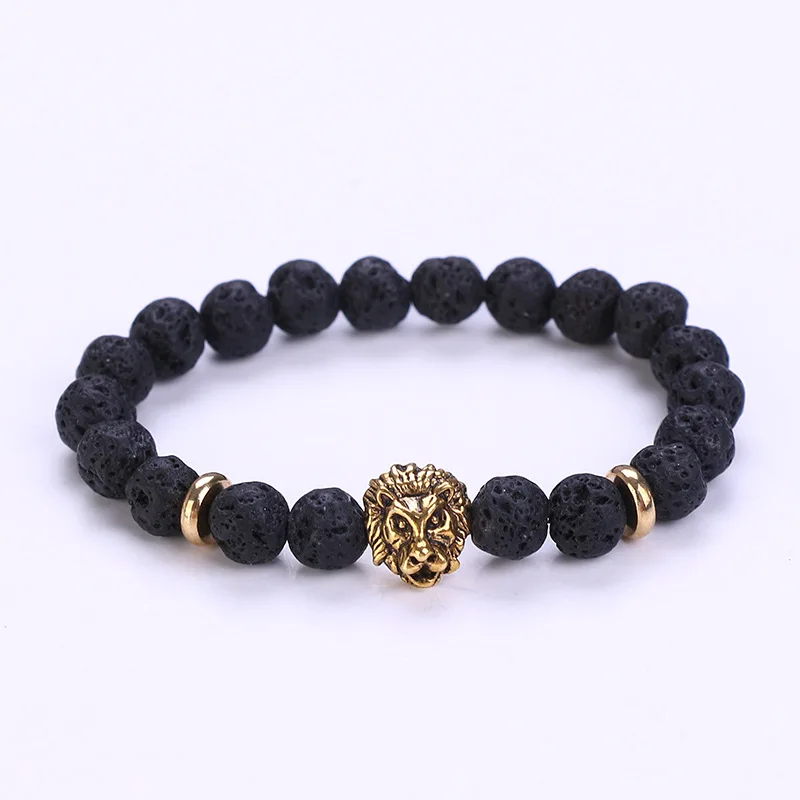 8mm Natural Gemstone Beaded Chakra Bracelet with Elastic Alloy Lion Head Anniversary Gift for Men and Women