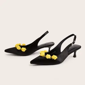 BUSY GIRL CXX225 French Niche fairy Yellow Flowers Black Satin High and Low Heels Closed Toe Sandals Women's Shoes Summer Autumn