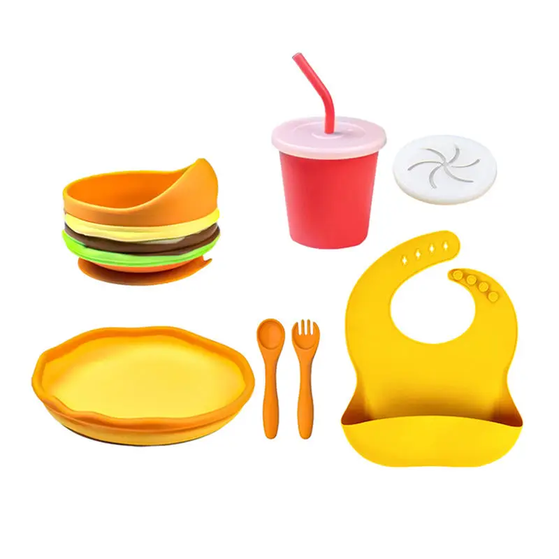 Baby Dinnerware Feeding Set Dish Set Toddler Pizza Plate Hamburg Bowl Cup Spoon Fork Bib Tableware Set