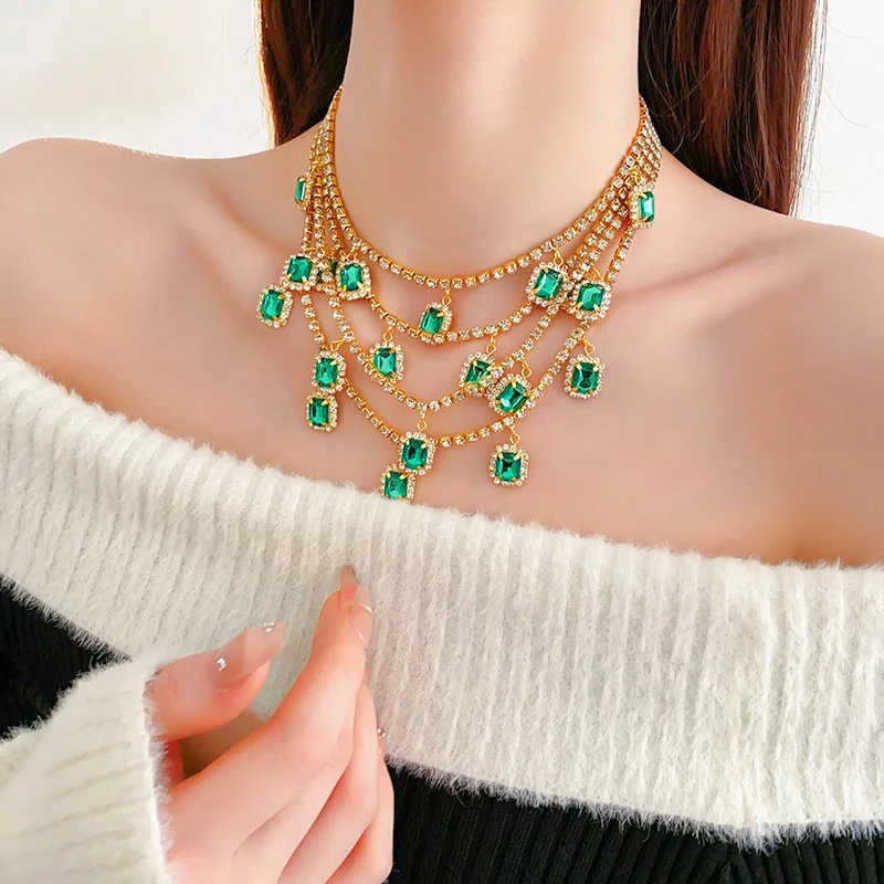 Multi-Layered Gold Plated Bohemian Style Green Crystal Rhinestone Necklace Link Chain Multi-Strand Statement Bridal Choker