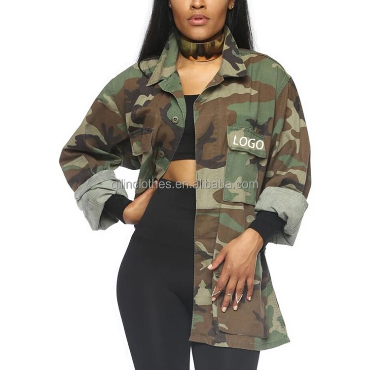 Wholesale Logo Camouflage Fatigue Ladies Coats Camo Women Demin Jacket