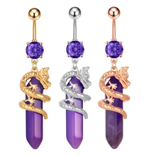All-Match Stainless Steel Dragon Shape Charm Dangle Belly Rings Synthetic Gemstones Amethyst Wedding Children's Navel Ring Body