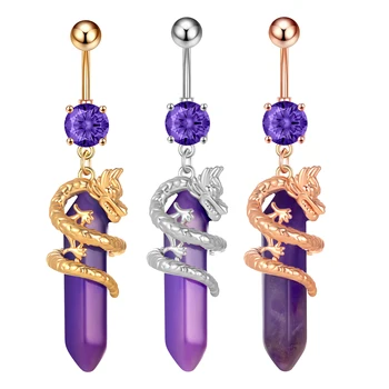 All-Match Stainless Steel Dragon Shape Charm Dangle Belly Rings Synthetic Gemstones Amethyst Wedding Children's Navel Ring Body