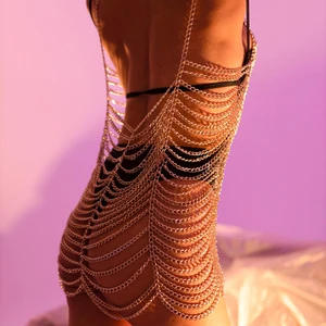 Waterproof Fashion Body Jewelry Chain Luxury Gold Shiny Rhinestone Tassel Full Body Chain Dress