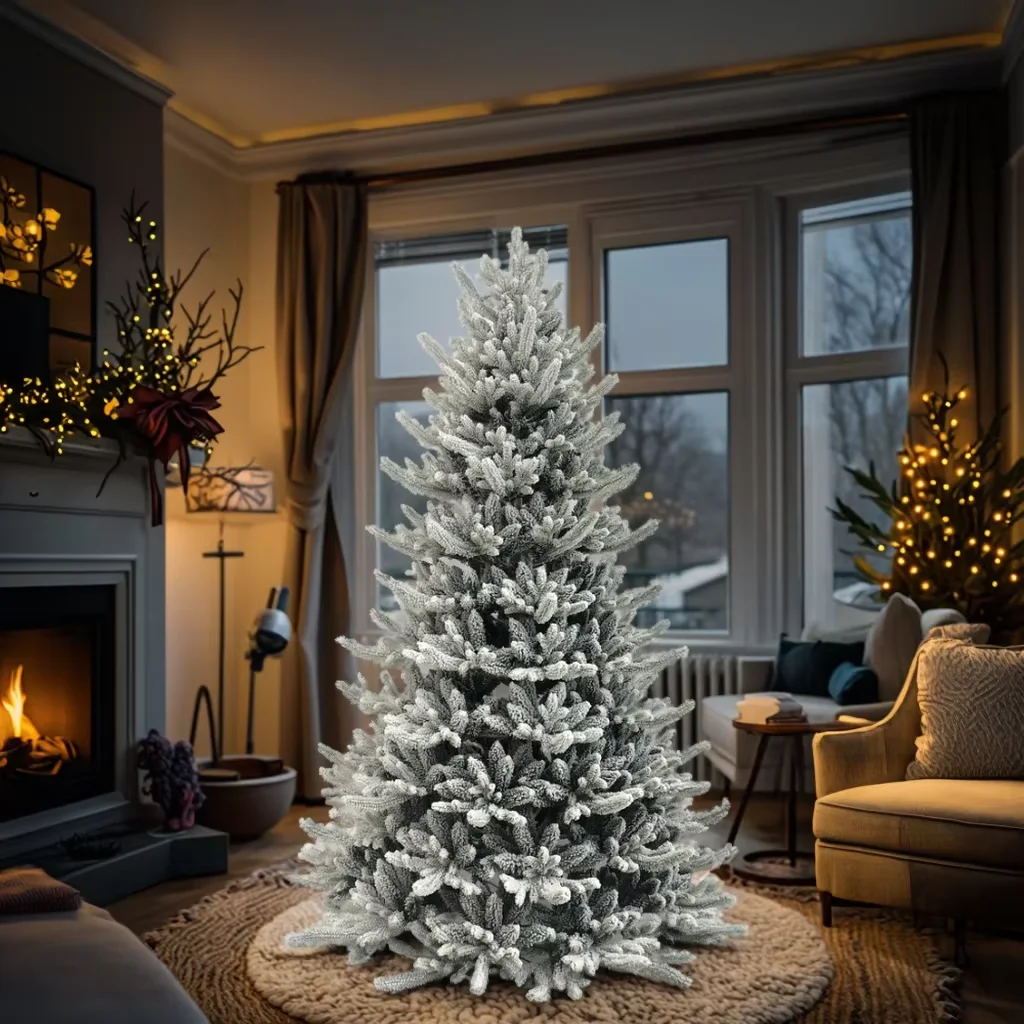 Lux Yiwu Merry Tree 210cm Ayakda Qalın Dəniz Ağacı Hinged Base Artificial Snow Flocked Tənzimlənə bilən Ev və Ofis Dekoru üçün