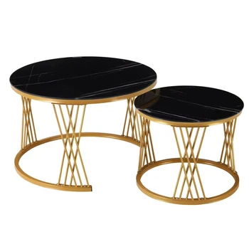 Round White Tempered Glass Top Side Table Gold Plated Iron Base Coffee Table Set for Living Room Use Furniture Home Accessory
