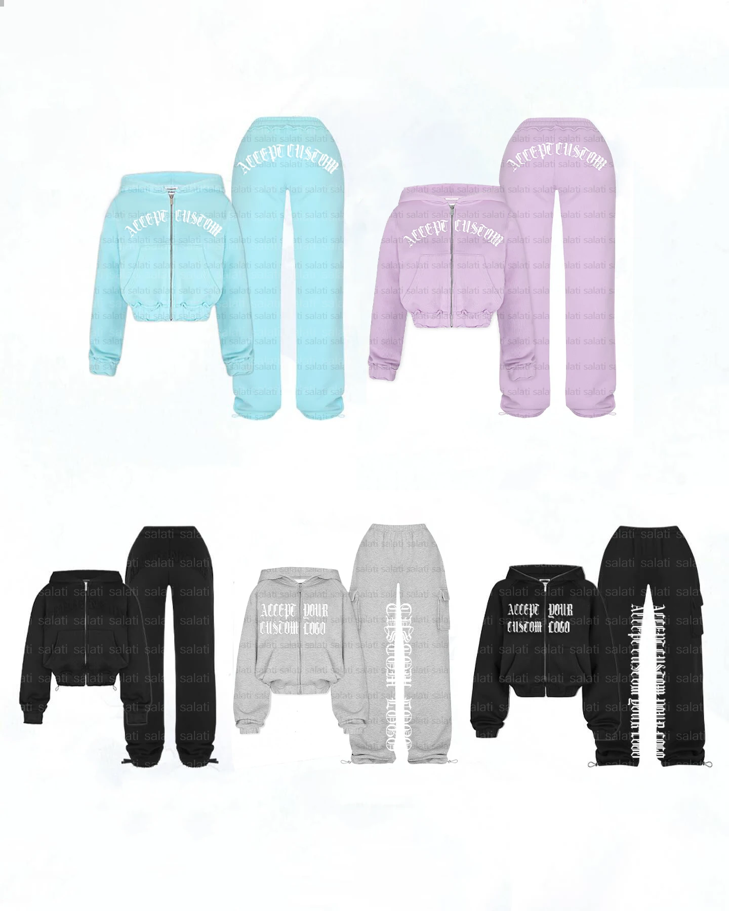 Two Piece Zip up Crop Hoodie and Jogger Set Custom Embroidery Tracksuits 100% Cotton Sweat Suit Stacked Pants Sweatsuits Women gallery 4