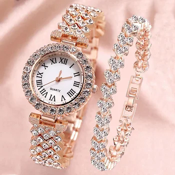 2Pcs Set Luxury Rose Gold Watch Ladies Quartz Diamond Wrist watch Elegant Female Bracelet Watches for with women's gift