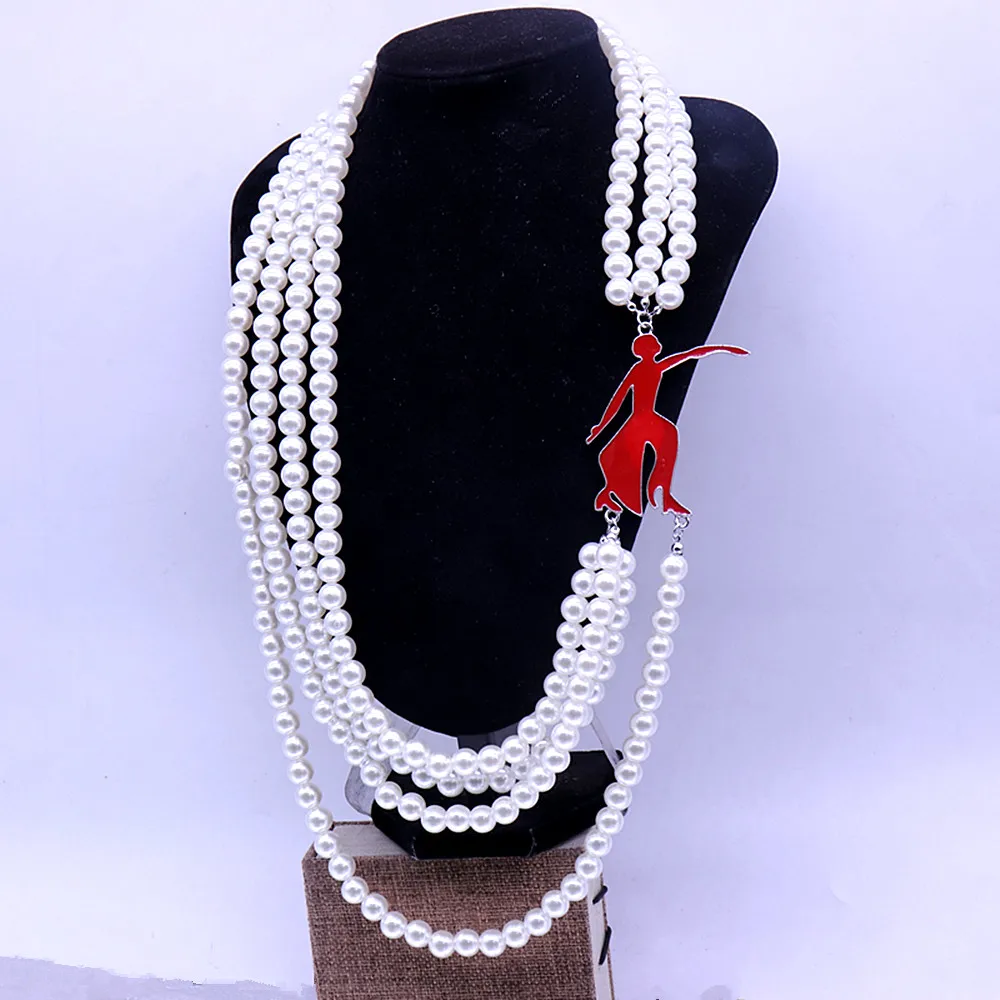 Inspired Designer Jewelry Multi Layered Pearl Enamel Red Fortitude Dance Lady Charms Greek Delta Sorority Necklace Women