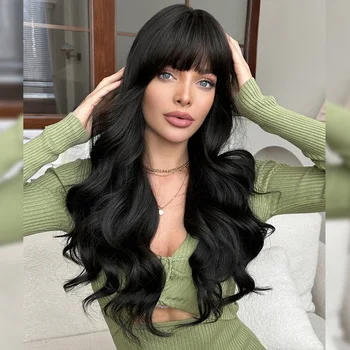 Female Cross-Border Generation Wig Brazilian Natural Black Long Curly Loose Neat Bangs Big Wave Full Head Set Chemical Fiber Wig