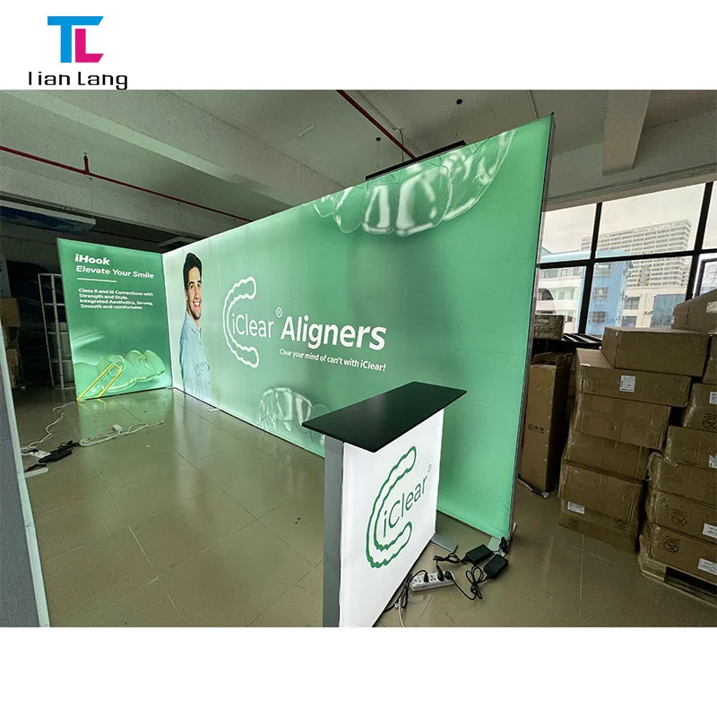 Custom Tension Polyester Fabric Aluminum Frame Easy Set Up Booth Exhibition Backlit Display Stand 10x10 LED SEG Pop Up Lightbox