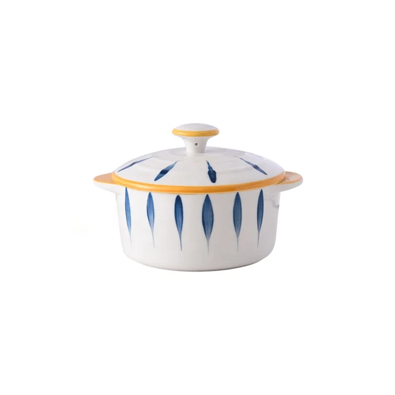 Creative Design Blue Leaf Pattern 600ml Big Bowl Ceramic Serving Bowls with Lids and Two Handles Soup Bowl