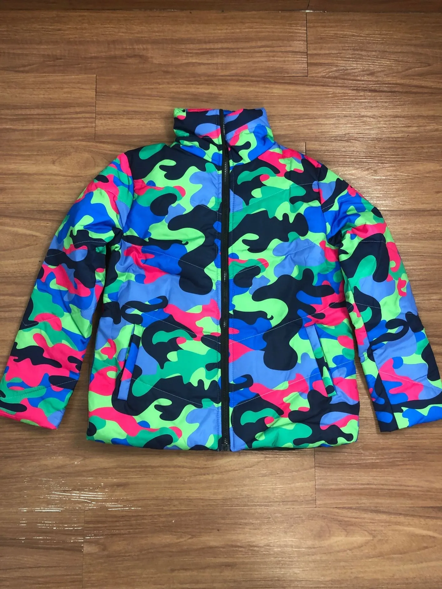 Colorful camo puffer jacket hotsell