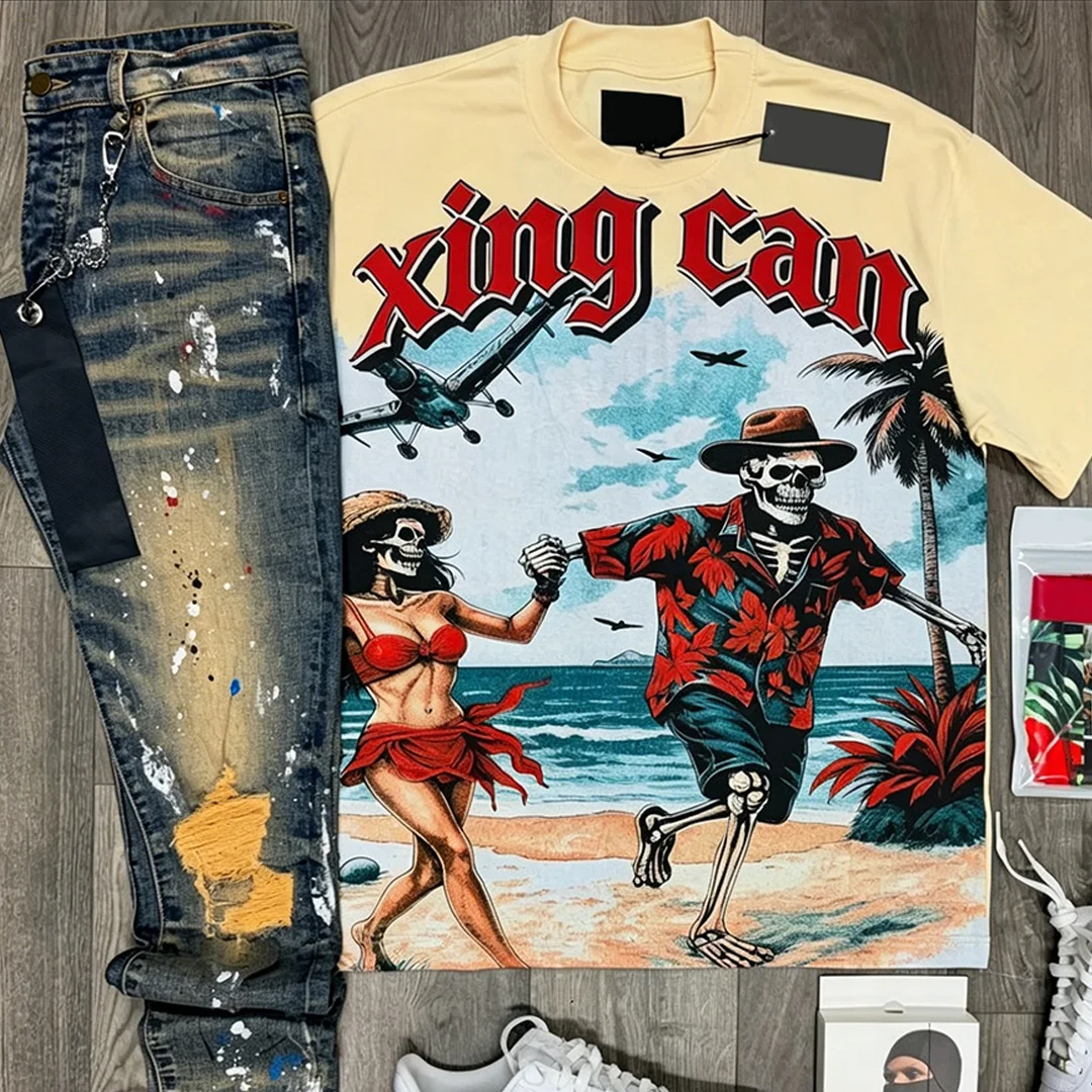 Custom Rhinestone T-Shirt Vintage Washed Men's Set Heavyweight 100% Cotton DTG Print Boxy Retro Custom Outfit