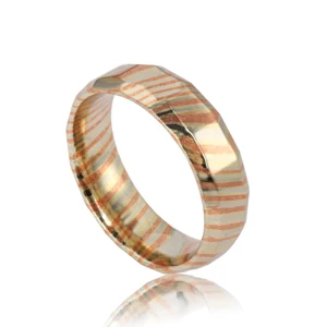 Trendy 7mm Copper Damascus Faceted Mokume Gane Customized Men's Wedding Band with Domed Shape
