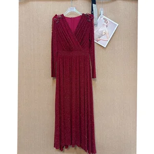 Factory Wholesale Luxury Diamond Three-dimensional Sexy Deep V-neck Polka Dot Elegant Pencil Autumn Winter Long Dress Party