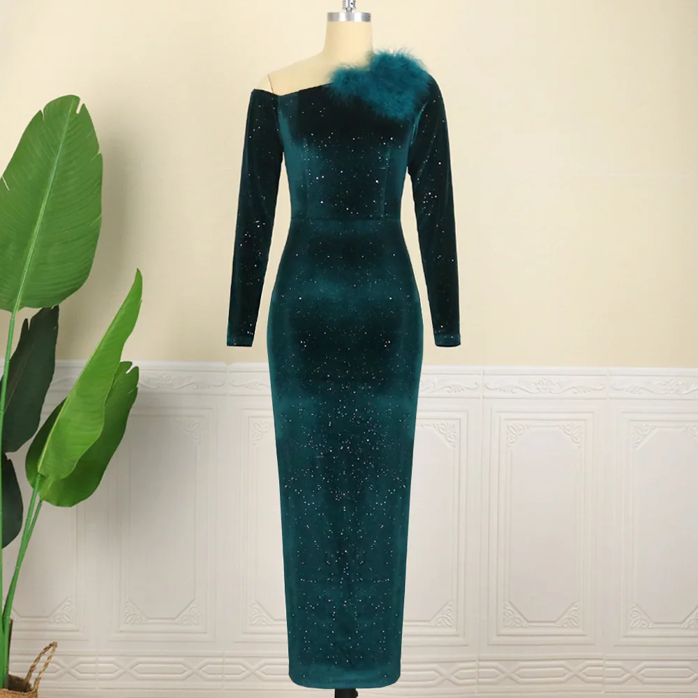 New Winter Women Bazin Rich African Ethnic Printed Rhinestone Dress Autumn  Velvet Fashion Exotic Party Maxi Dresses for Women
