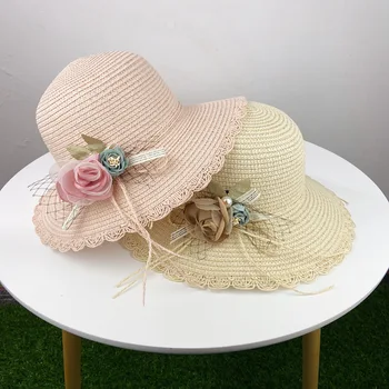 Wide Wave Brim Spring Summer Beach Sun Lady Hats Customized Paper Straw Hats With Flower Decoration