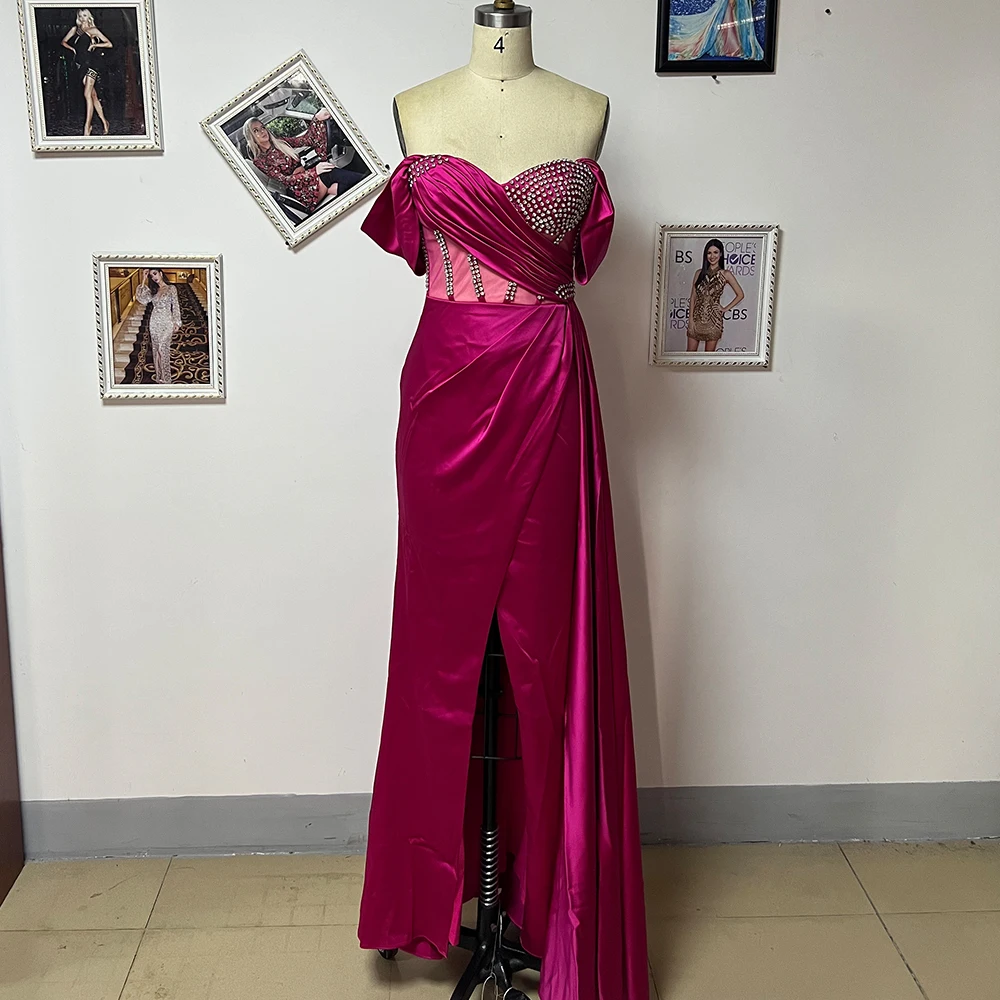 Hot Pink Fashion Silk Luxury Off Shoulder Rhinestone Corset Prom