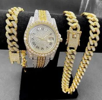 2023 Most Popular Diamond Set Cuban Chain Bracelet Set Sparkling Jewelry Set Men Quartz Watch Hop