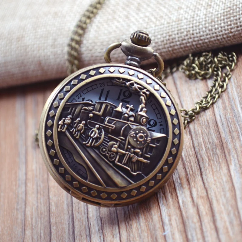 Hollow Train Design Retro Classic Collection Gift Custom Memorial  Nostalgic Flip  Old Vintage Necklace Pocket Watch with Chain