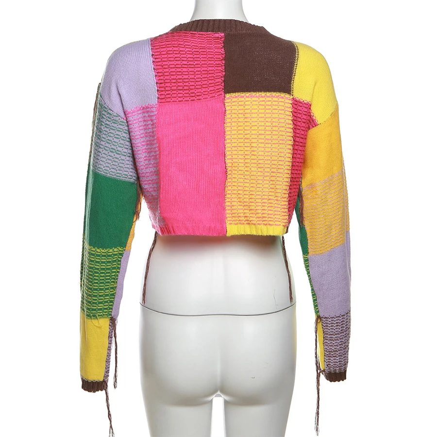 Kliou W23l36334 Fall Knit Sweater Color Blocking Street Wear Knit Crop ...
