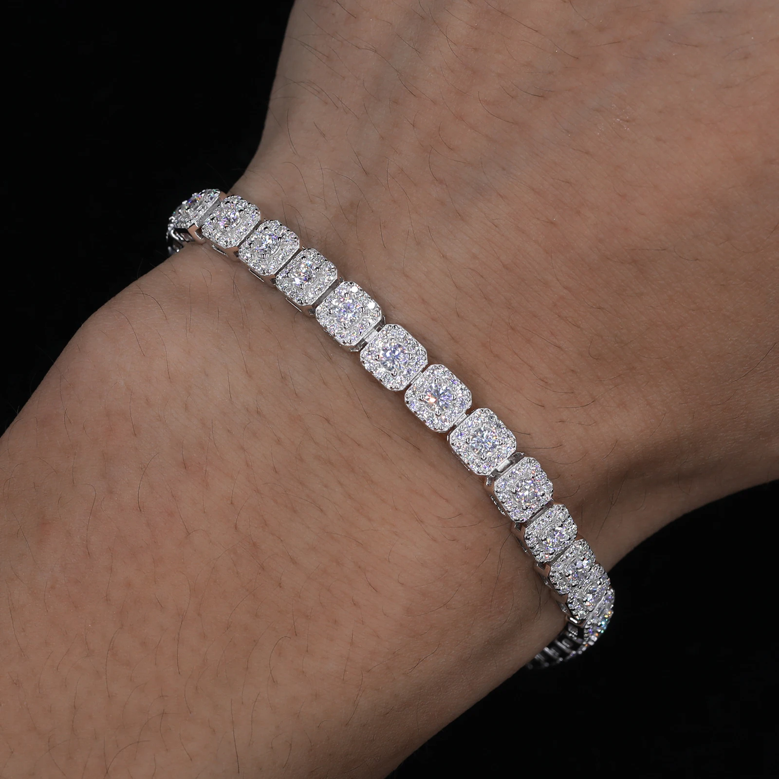 Exquisite VVS Moissanite High Quality White Gold Color Waterproof 925  Sterling Silver Tennis Bracelet for Men