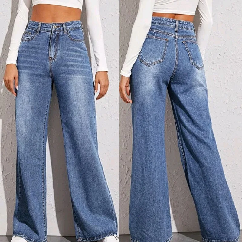 Wholesale New Design Wide Leg Casual Loose Jeans Full Length Straight Boyfriend Jeans for Women Zipper Fly factory