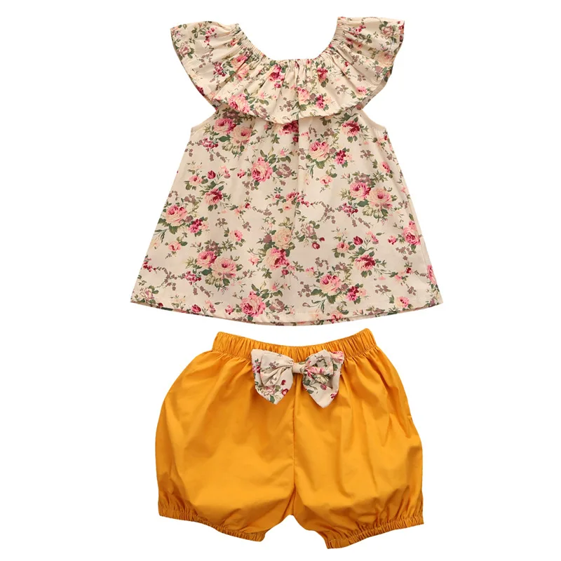 Girls Short Sleeve Set Outfits Floral Flower Kids Summer Top Shorts 2 Piece Set