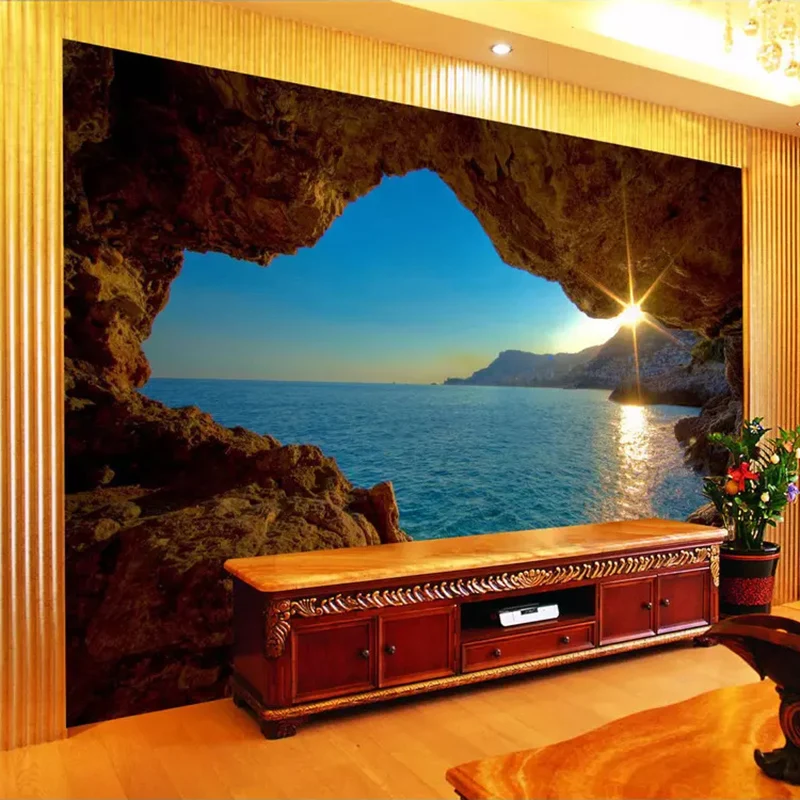 carta da parati fotografica su misura 3d grotta alba mare natura paesaggio  grandi murales soggiorno divano camera da letto sfondo arredamento carta da  parati