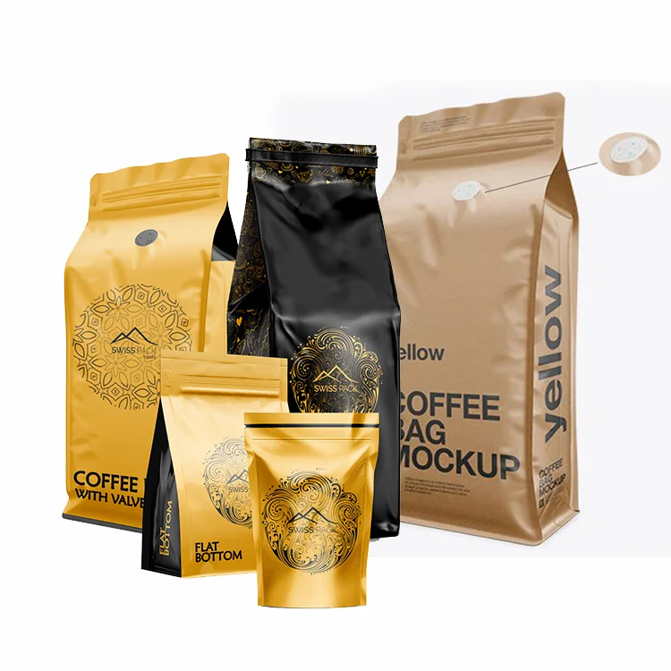 Custom Eight Side Sealing Flat Bottom Coffee Packaging Bags Heat Seal Food Grade 250G Sizes Aluminum Foil Customized Color