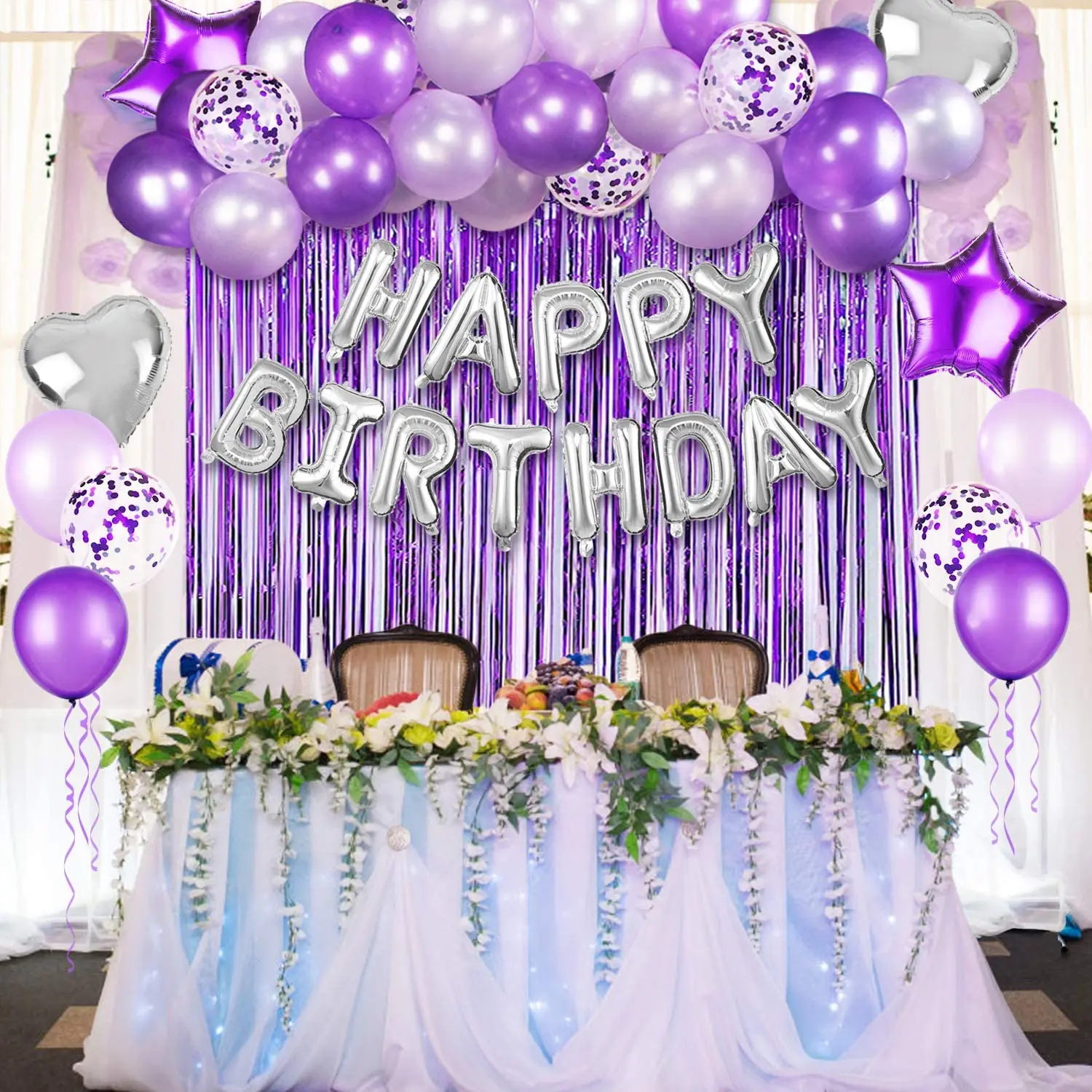 Decoraciones de fiesta de color púrpura con Feliz Cumpleaños Banner,  confeti blanco Morado, violeta de los globos de cumpleaños de la lámina de  fondo, Borla Garland, corona de plata globos - China
