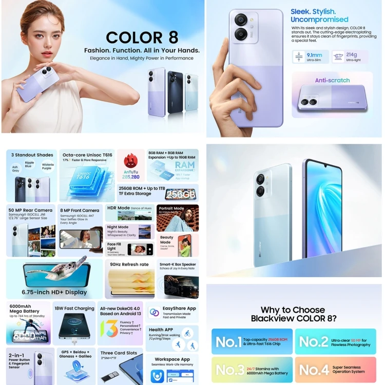 Preço de Atacado Blackview COLOR 8 Telefone Fashion 8GB+128GB 6.75