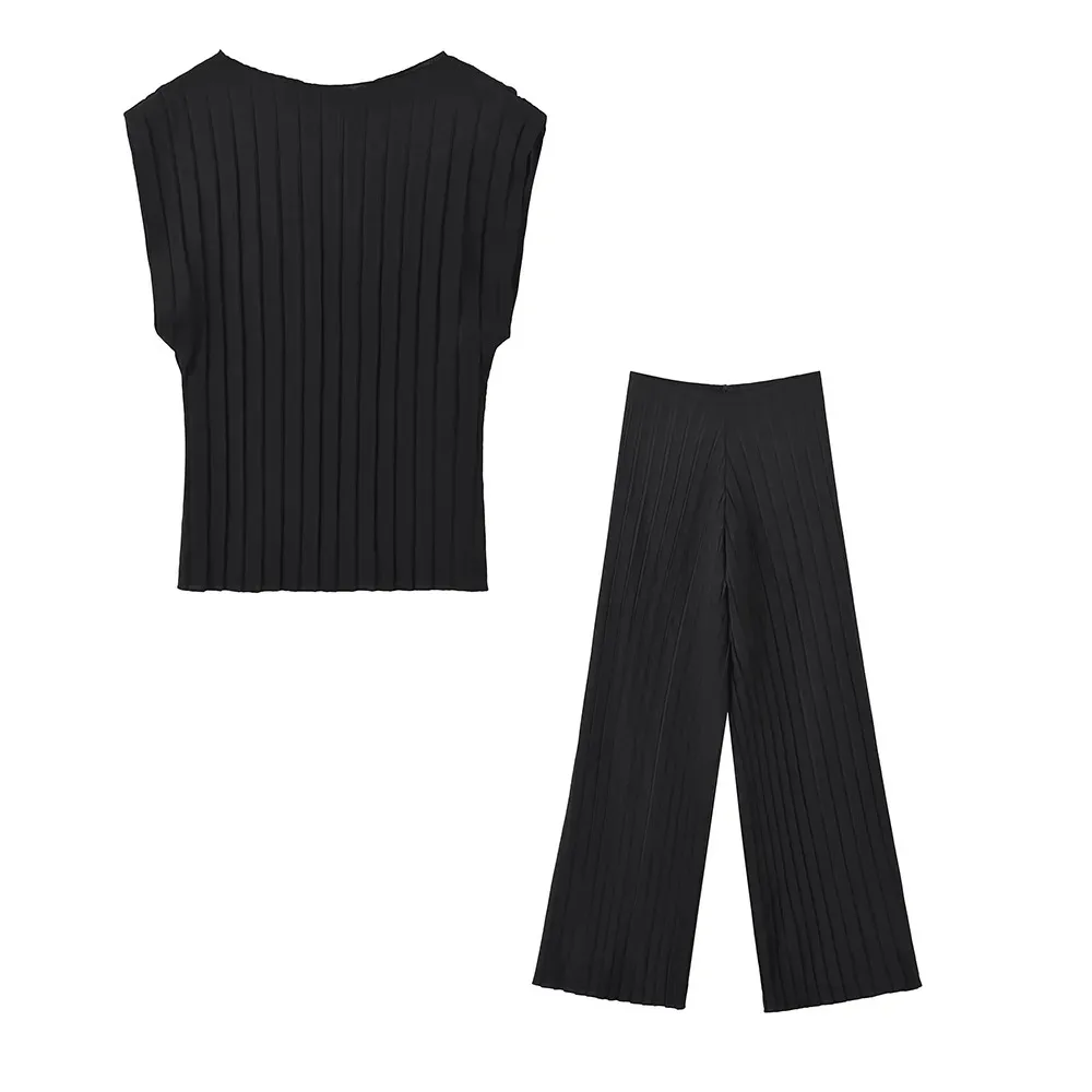 Pleated Asymmetric Halter Tank Tops and Straight Pants for Women Female Two Piece Sets