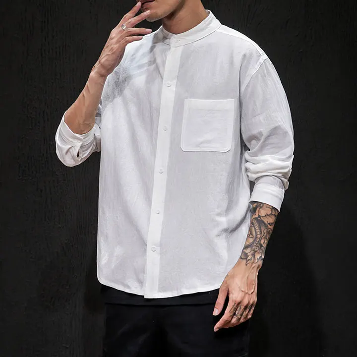 Men Collarless Dress Shirt Big and Tall Hemp Dress Shirt