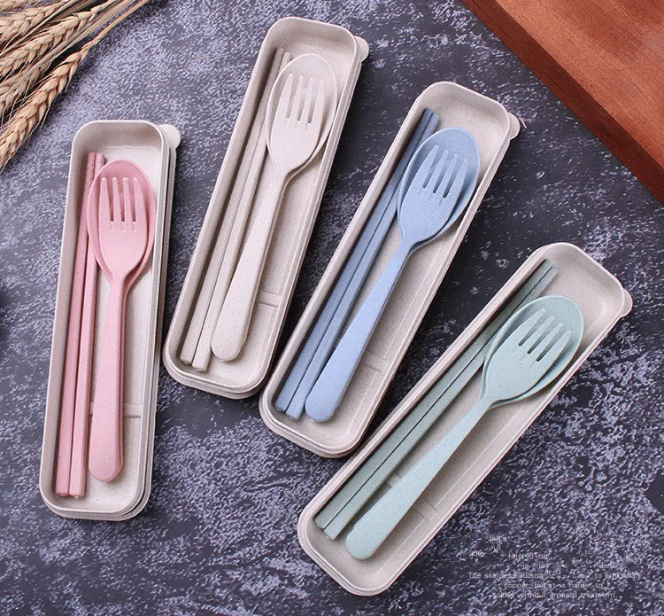 3 Pcs Portable Spoon Fork Chopsticks Reusable Wheat Straw Travel Tableware Set 