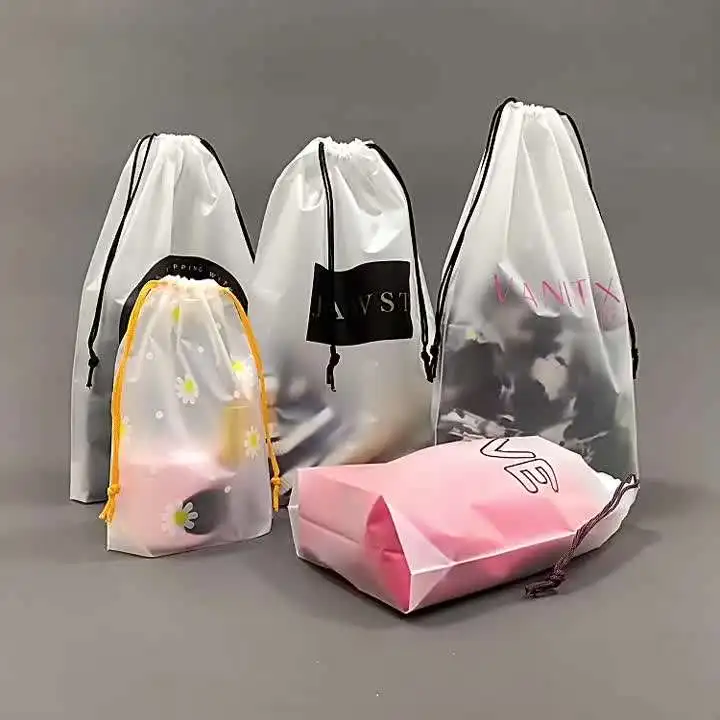 Custom Large Plastic Drawstring Bag with Custom Printed Logo Pe Plastic Frosted Bags Pouch Gift Packaging Poly Bag for Clothes