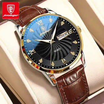 2023 New Watches Mens POEDAGAR Luxury Leather Waterproof Luminous Date Quartz Watch For Men Diamond Wrist Watch Relojes Hombre