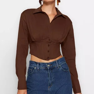 Custom Slim Fit Solid High Quiltay Short Top Belted Woolen Women's Blouses & Shirts Cuff Button T-shirt