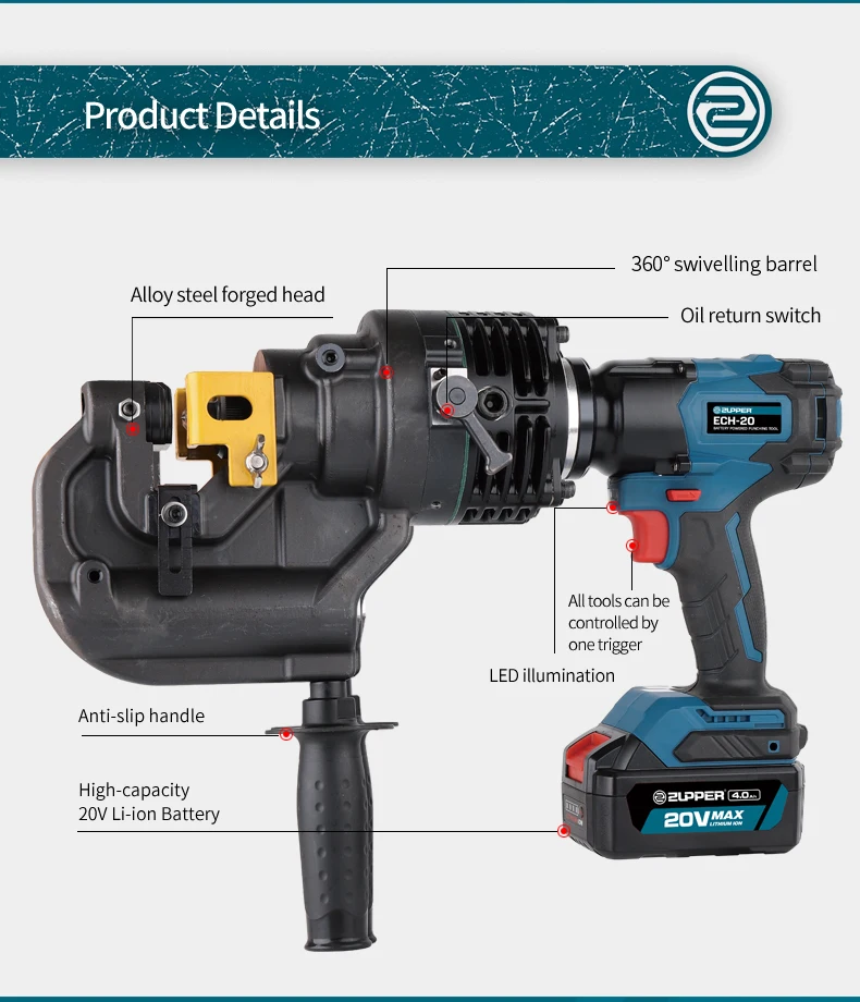 ZUPPER ECH-20 Cordless Portable Battery Powered Hydraulic Hole Puncher  Punch Tool Hydraulic Punching Tool Machine