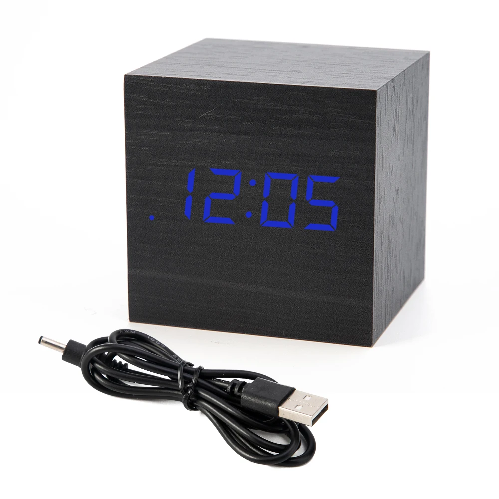 RTS Display Time Temperature LED Digital Desk Clock Adjustable Wooden Alarm Clock