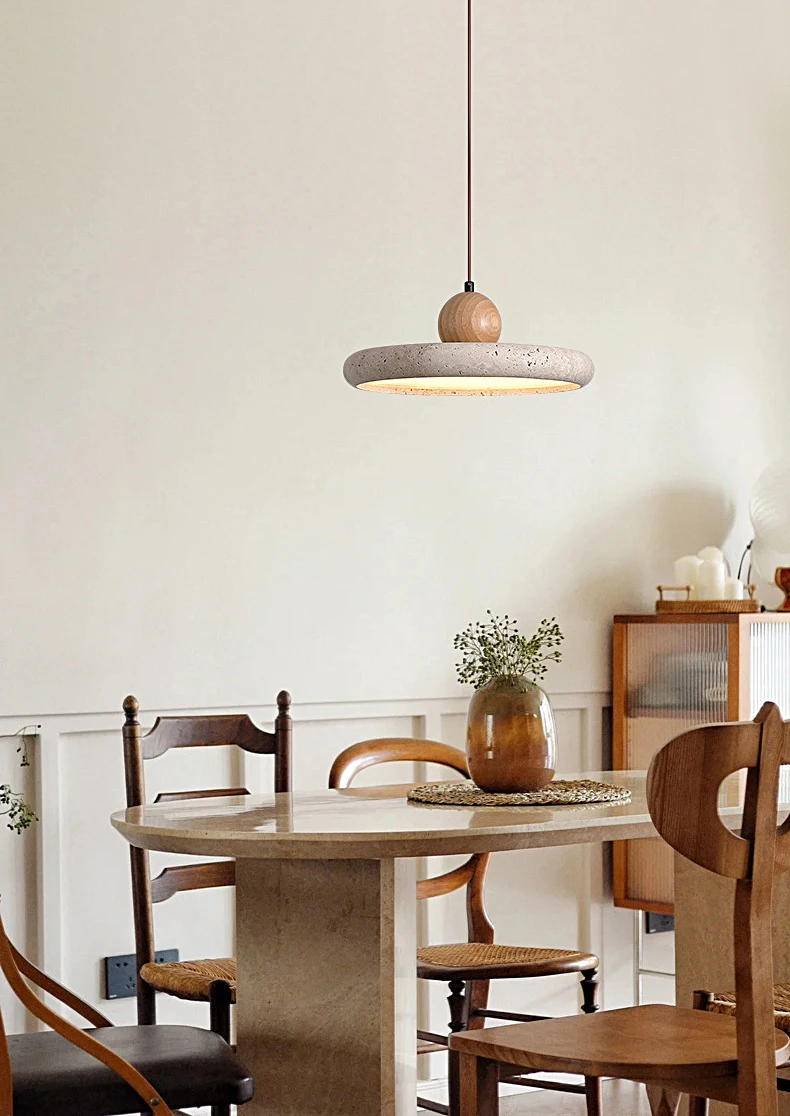 Natural Travertine Pendant Light Modern Wabi Sabi Stone Hanging Lamp Minimalist Dining Room Chandelier Wooden Accent Lighting