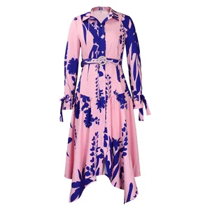 Customize European American Large-Size Autumn Casual Dress Maxi Length Temptress Digital Printing Breathable Irregular Lapel