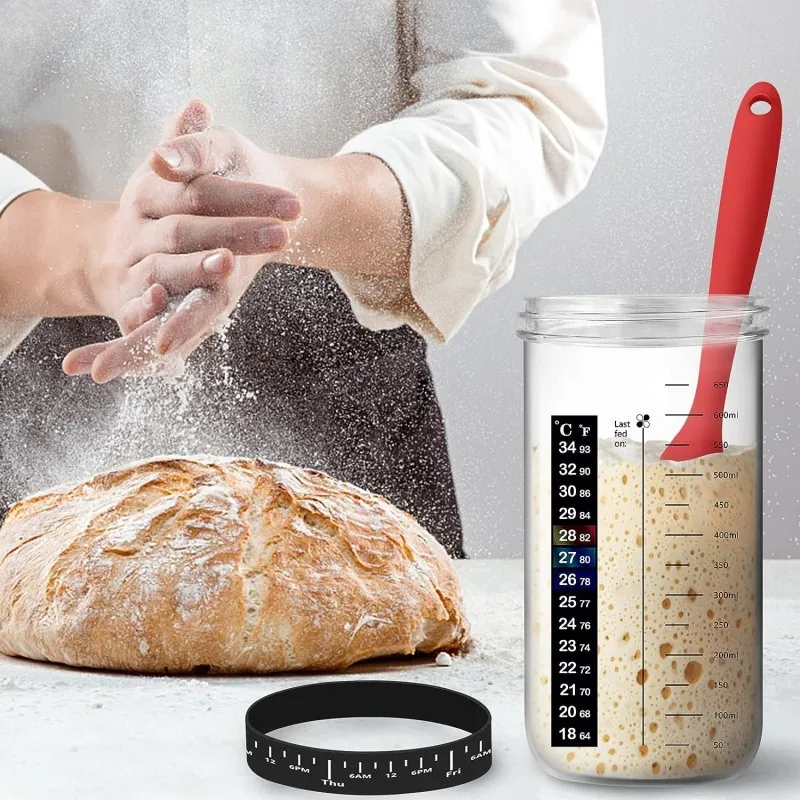 Rayshine Sourdough Starter Jar Kit With Date Marked Feeding Band