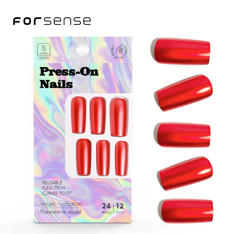 Wholesale Vendor High End Chrome Long Press on Nails Bridal Wine Red Bride 24 False Nail Long square Sexy Fake Nail High Quality