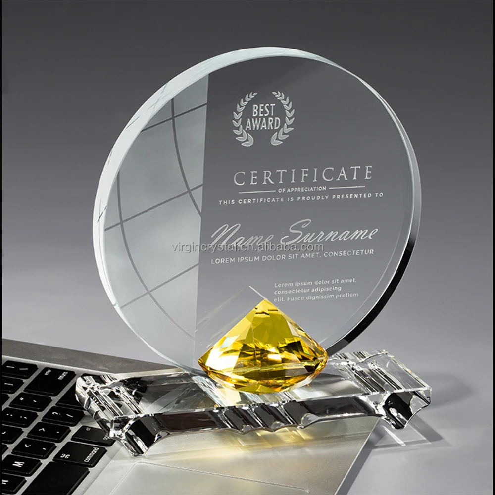 Pujiang Factory Hot Sale K9 Glass Laser Engraving Custom Blank Round Plaque Crystal Trophy Awards Business Events
