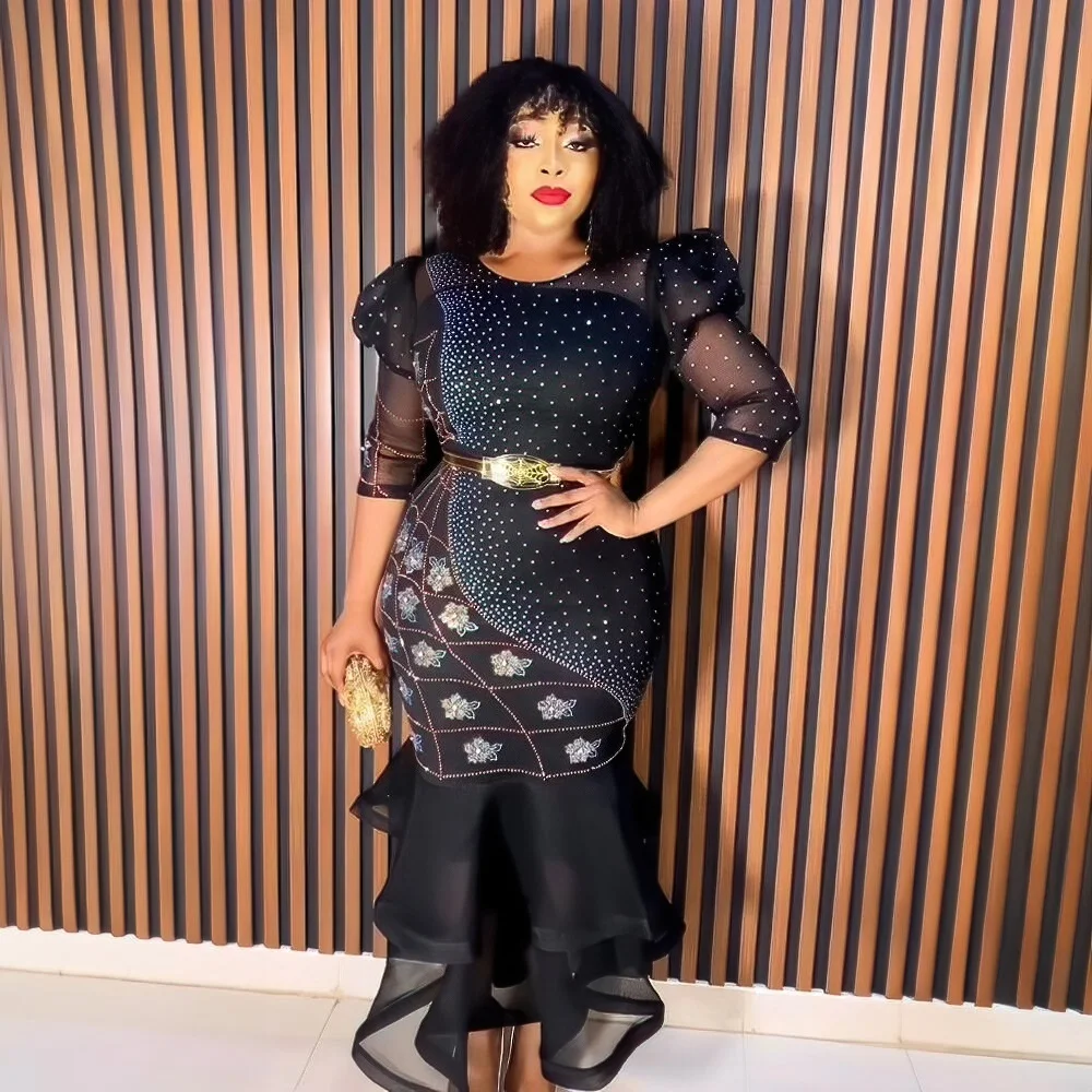 Morden Style South Africa Dress Mesh Gauze Africa Women Evening Dresses  Elegant Party Rhinestone African Traditional Attire
